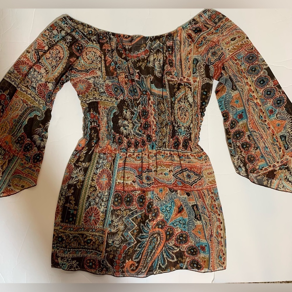VTG Jordache Boho Sz Sm, Sheer Artsy Top with off shoulder & Bat Wing Sleeves - Picture 4 of 7